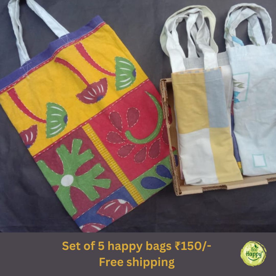 Upcycled Cloth Bags - Set of 5, Upcycled Fabric, made in Pune by Eco Happy